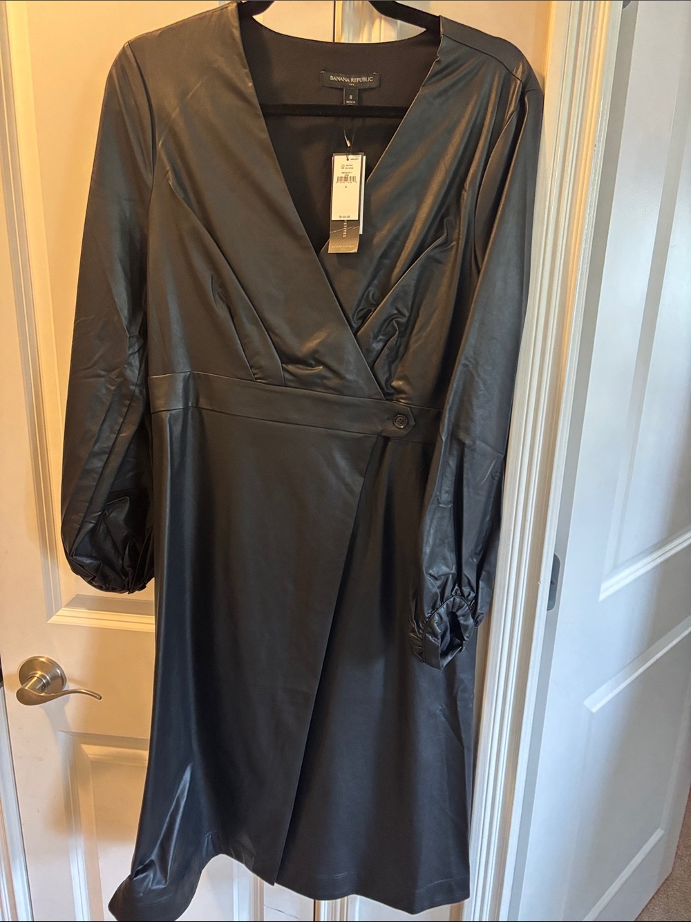 Banana Republic Black Faux Leather Wrap Dress with Puff Sleeves